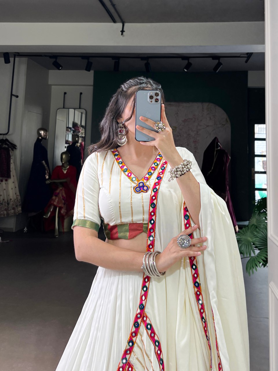 ELEGANT WHITE RAYON LEHENGA WITH MIRROR WORK BORDER