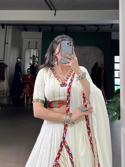 ELEGANT WHITE RAYON LEHENGA WITH MIRROR WORK BORDER