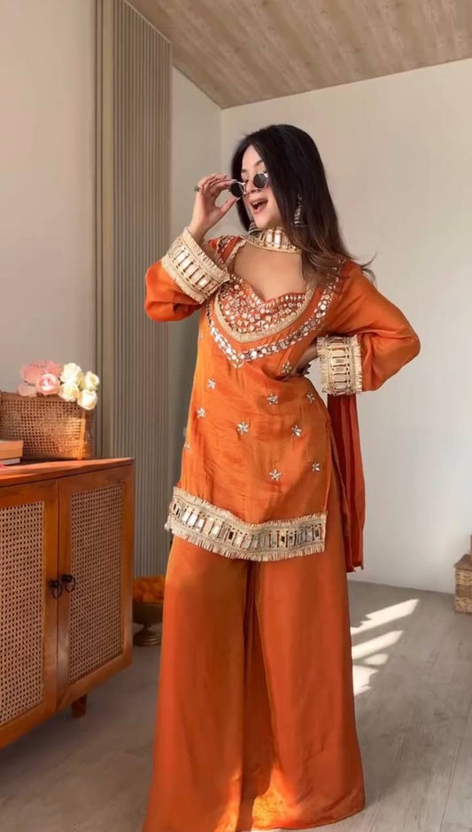 Orange Silk Sharara Suit With Real Mirror Work And Gold Lace Work