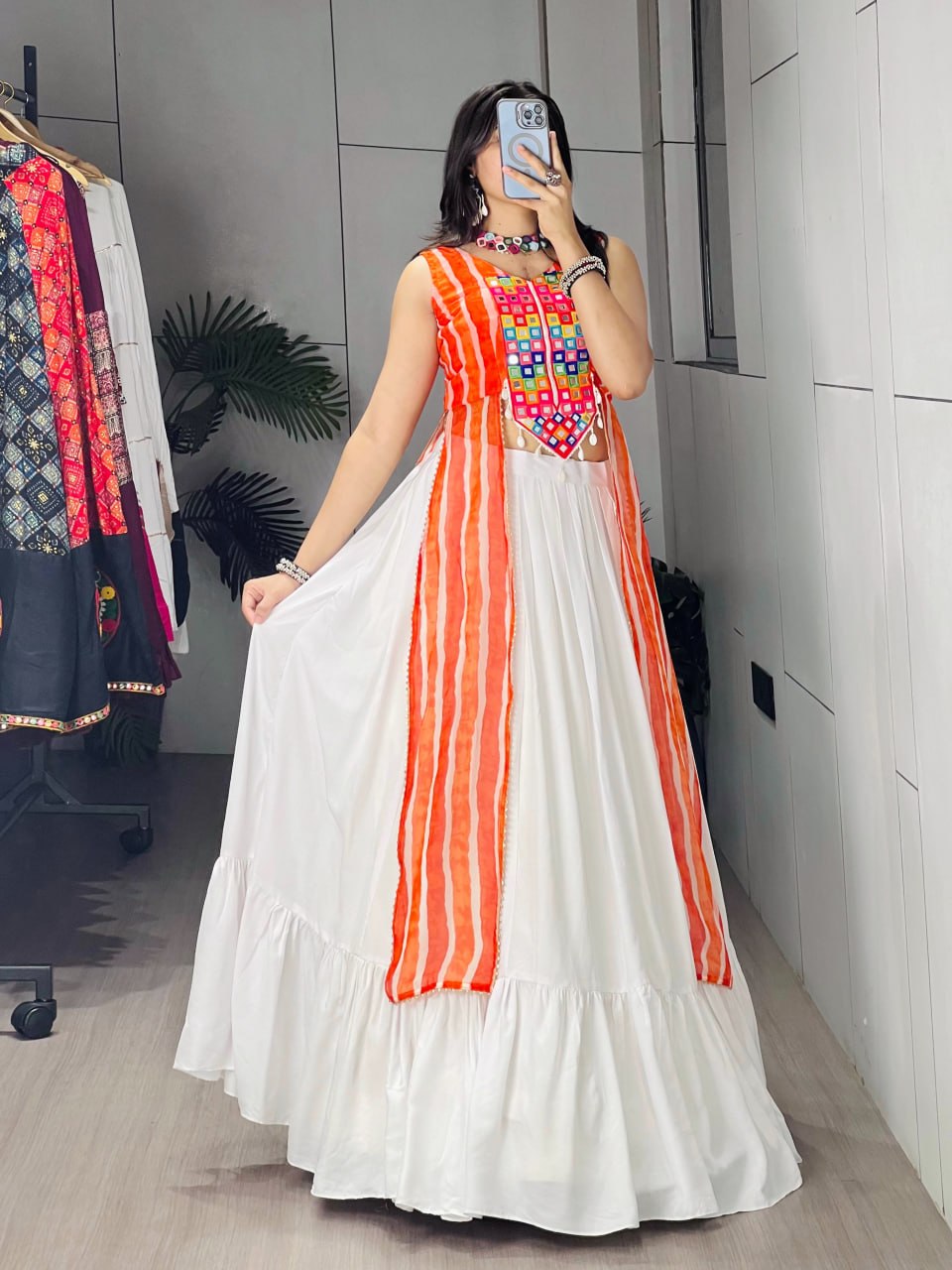White Flared Lehenga Choli With Orange Leheriya Dupatta And Mirror Work