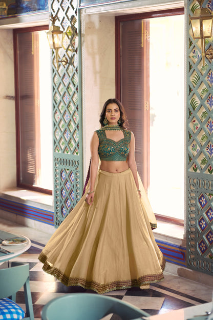 Beige Flared Lehenga Set With Emerald Green Zari Embroidered Blouse And Dupatta