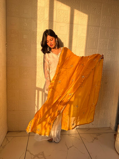 Embroidered Sharara Set With Contrast Sequin Mustard Yellow Dupatta