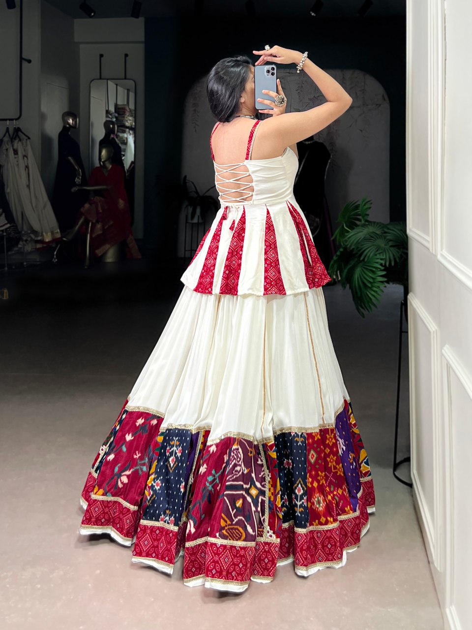 White And Red Peplum Style Lehenga With Multicolor Bandhani Border