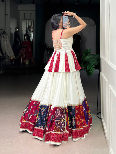 White And Red Peplum Style Lehenga With Multicolor Bandhani Border