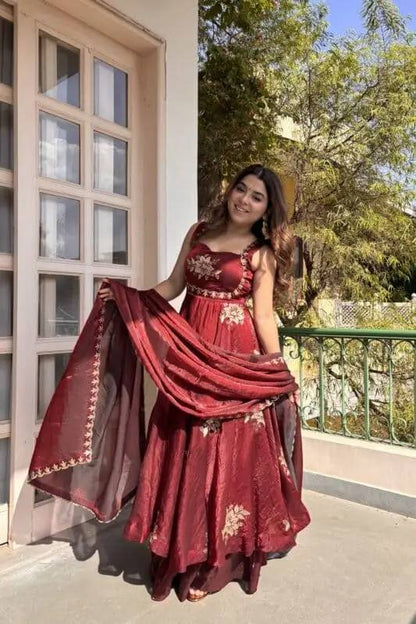 Floral Embroidered Sleeveless Anarkali Gown With Dupatta Set