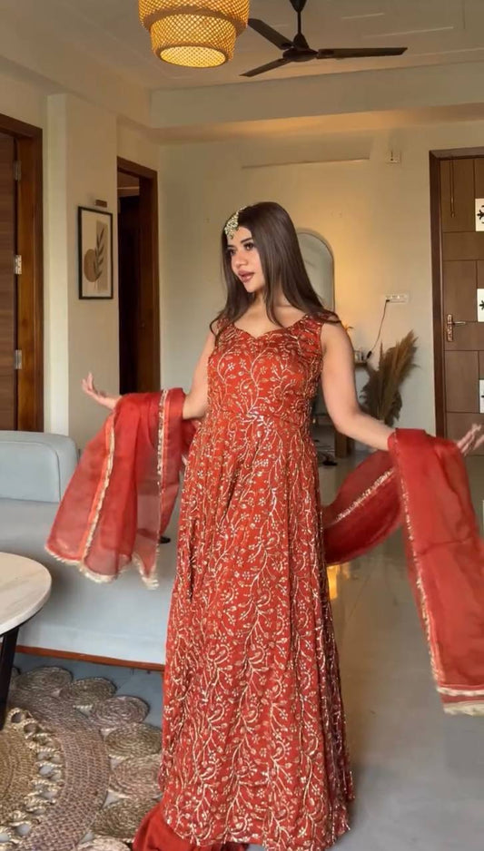 Rust Orange Zari Embroidered Anarkali Palazzo Set With Dupatta
