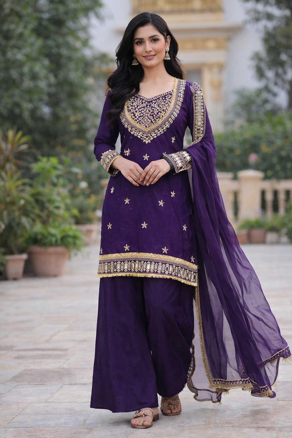 Purple Silk Sharara Suit With Real Mirror Work And Gold Lace Work