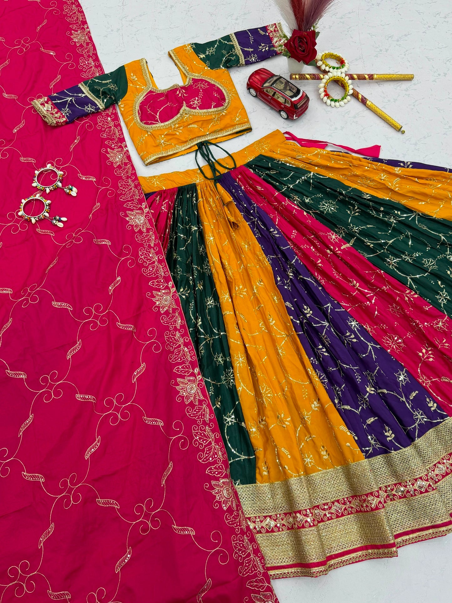 6 Meter Flair Multicolor Panelled Lehenga Choli With Embroidered Dupatta