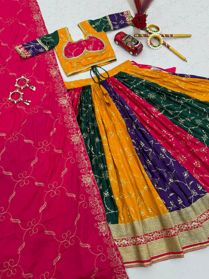 6 Meter Flair Multicolor Panelled Lehenga Choli With Embroidered Dupatta