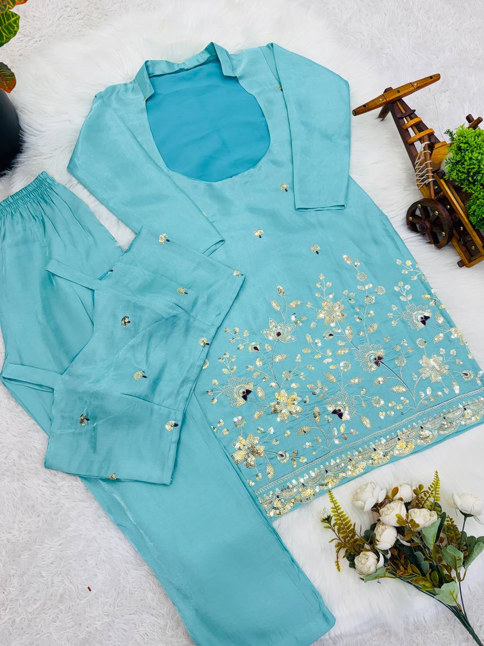 Sea Green Embroidered 3-Piece Jacket Style Kurta Set With Inner And Pants – Festive Fusion Wear
