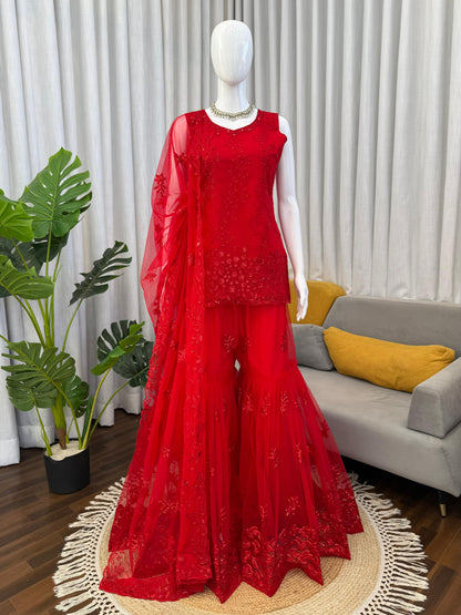 Red Embroidered Net Sharara Suit Set With Sleeveless Top And Dupatta
