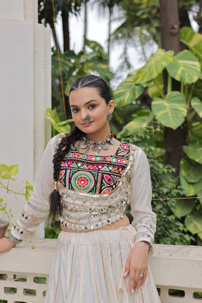 Designer Lehenga With Kutchi Gamthi Embroidered Blouse And Mirror Work