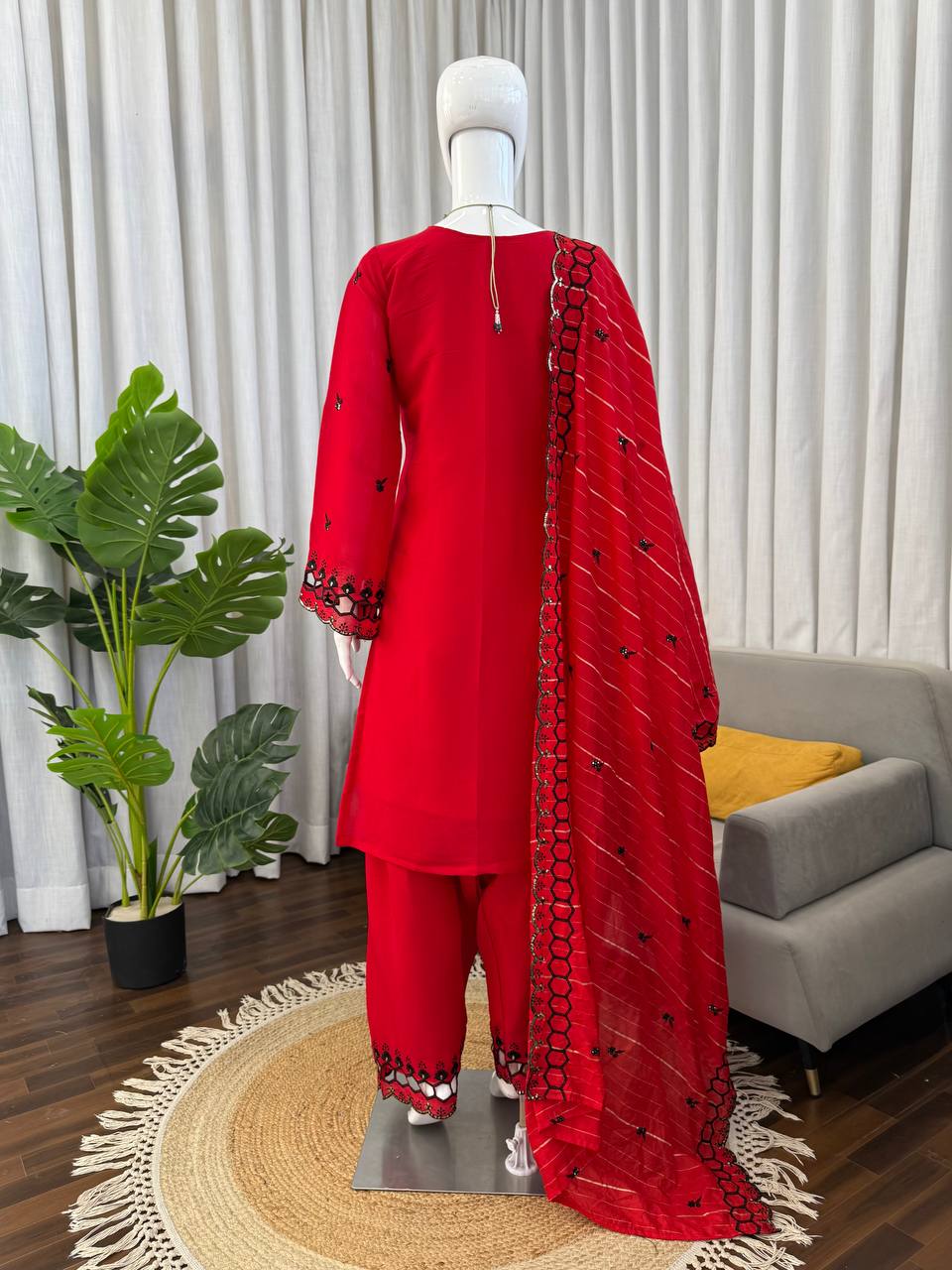 Red And White Cutwork Embroidered Straight Kurta Palazzo Set With Dupatta