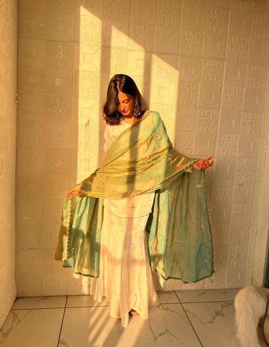 Embroidered Sharara Set with Contrast Sequin Olive Green Dupatta