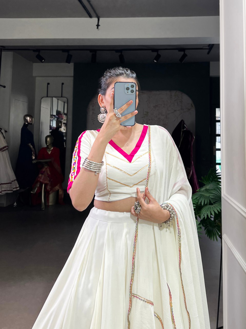 White Lehenga Choli With Golden Zari And Pink Border