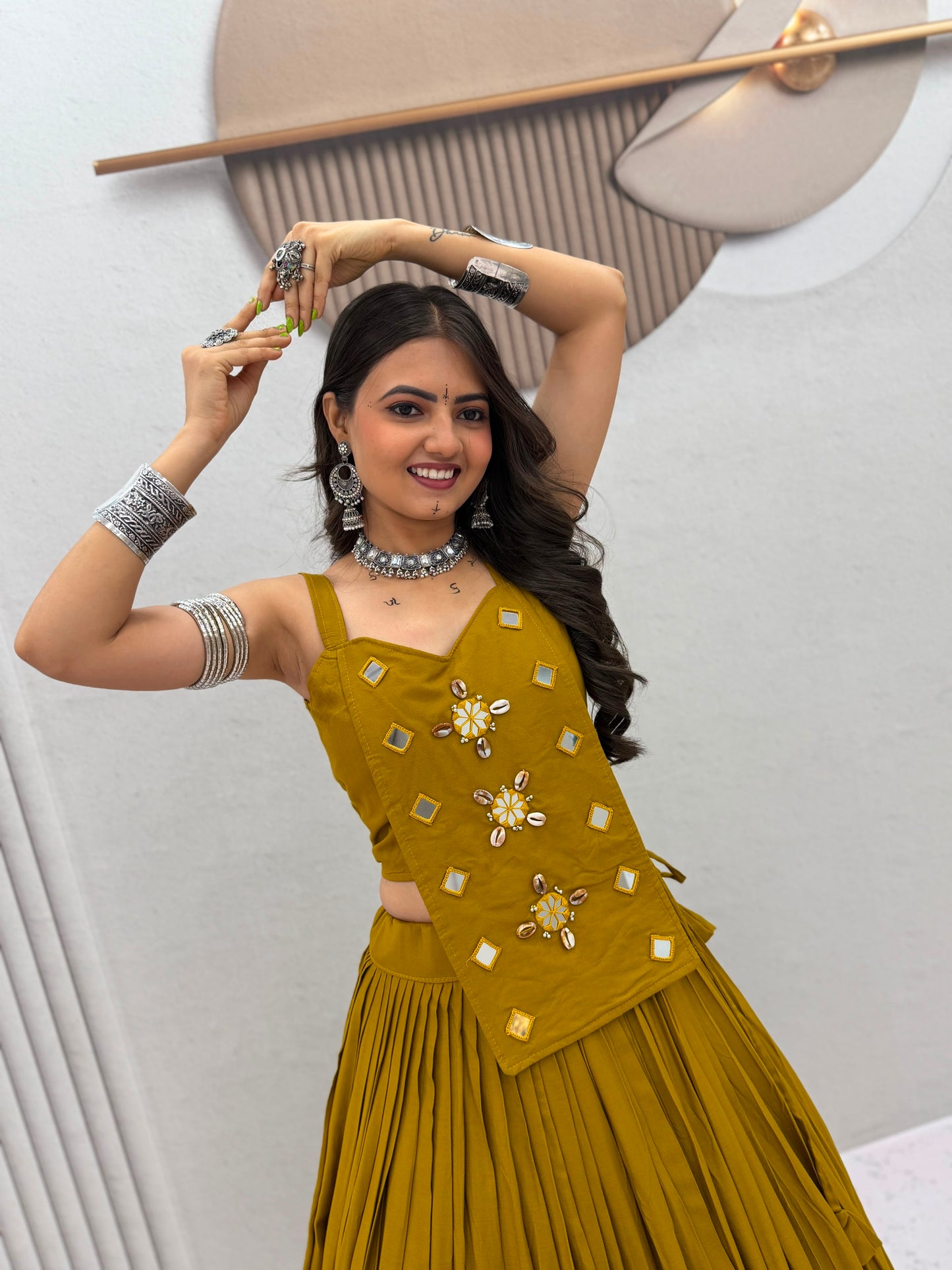 6 Meter Flair Mustard Yellow Plain Lehenga Choli With Mirror Work Jacket