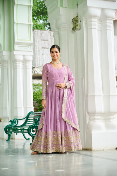 Lavender Georgette Anarkali Gown With Embroidery And Dupatta