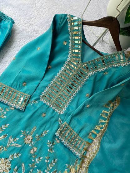 Elegant Embroidery And Mirror Work Sharara Suit With Dupatta