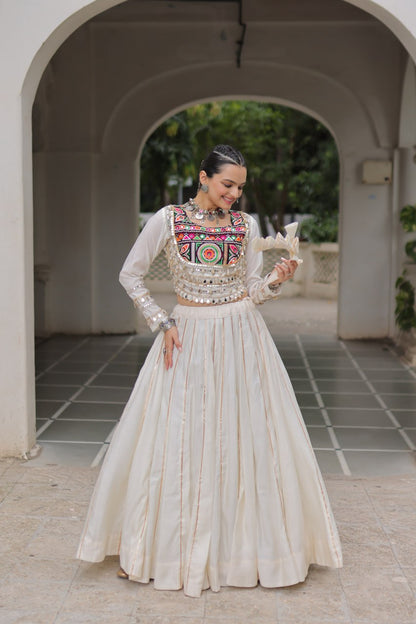 Designer Lehenga With Kutchi Gamthi Embroidered Blouse And Mirror Work