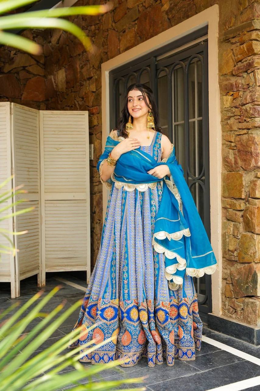ROYAL BLUE DIGITAL PRINTED  ANARKALI WITH DESIGNER DUPATTA