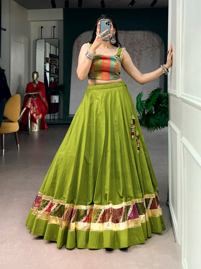 5 Meter Flair Parrot Green Lehenga Choli With Patchwork Border