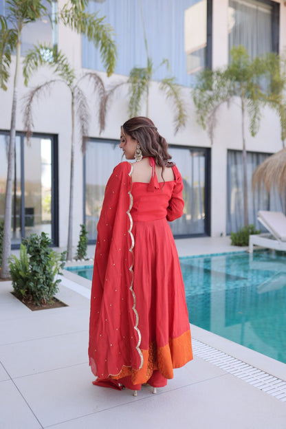 Stunning Red Anarkali Suit With Silver Lace And Orange Contrast Panel