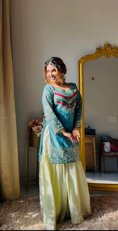 Embroidered Kurta Sharara Set With Printed Tassel Dupatta