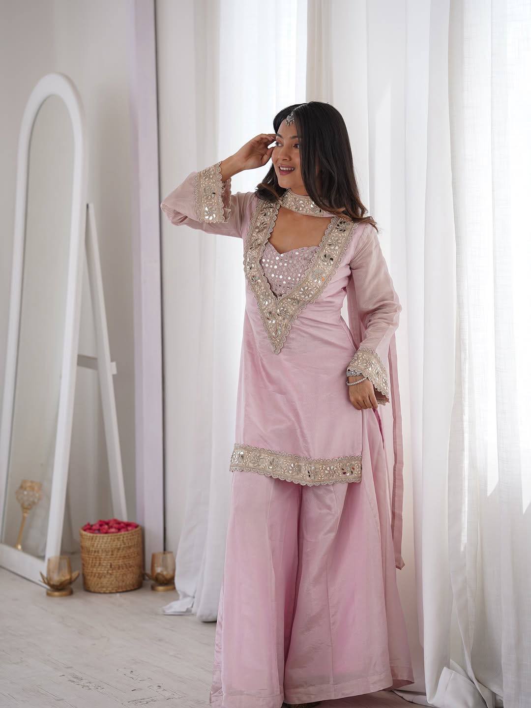 Baby Pink Mirror Work V-Neck Kurta Palazzo Set With Dupatta