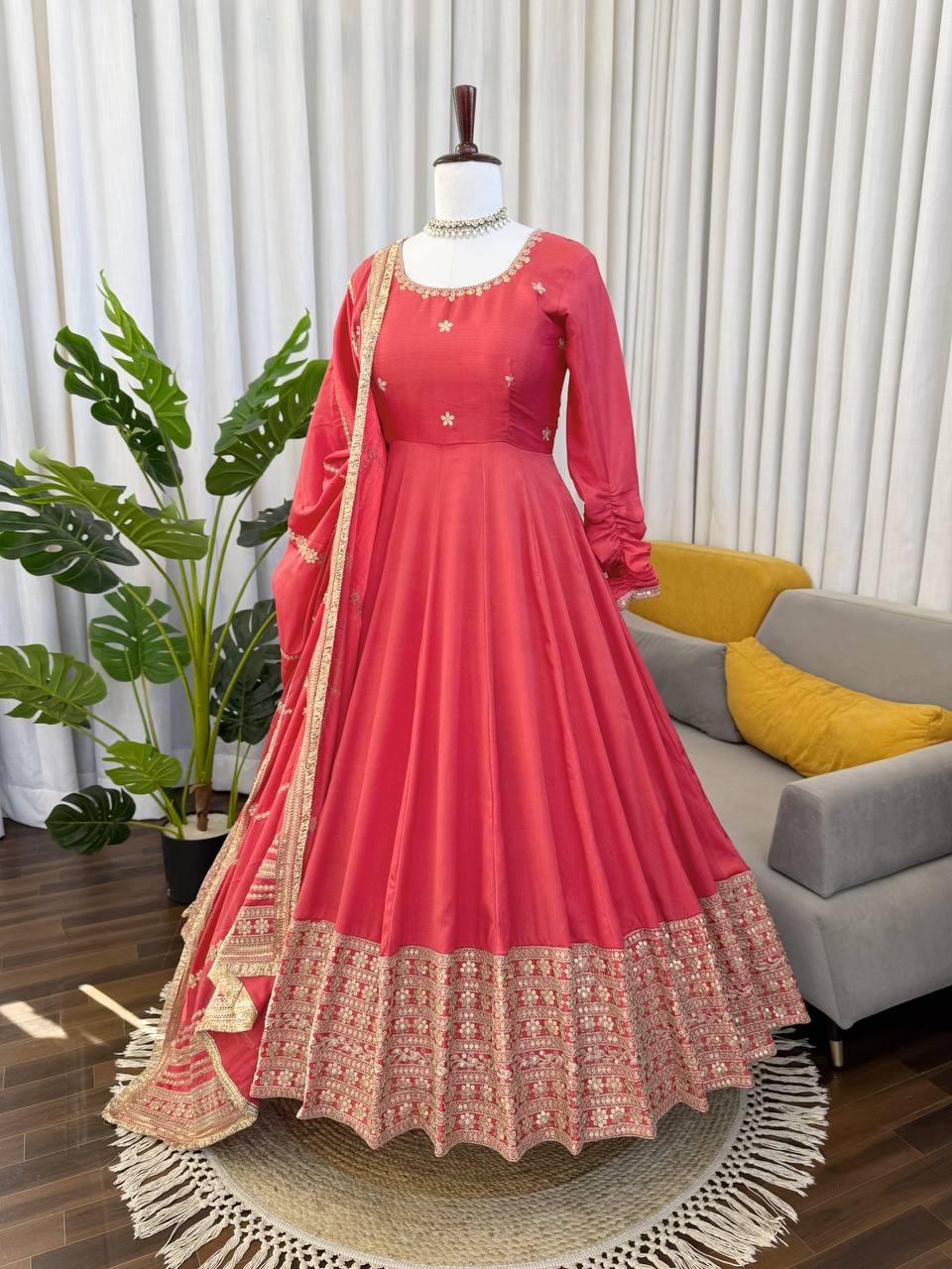 Red Silk Anarkali Suit With Gold Embroidery And Matching Dupatta