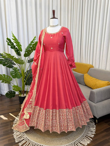 Red Silk Anarkali Suit With Gold Embroidery And Matching Dupatta