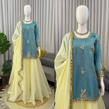 Ice Blue Embroidered Kurta With Plazo And Dupatta – Festive Contrast Set