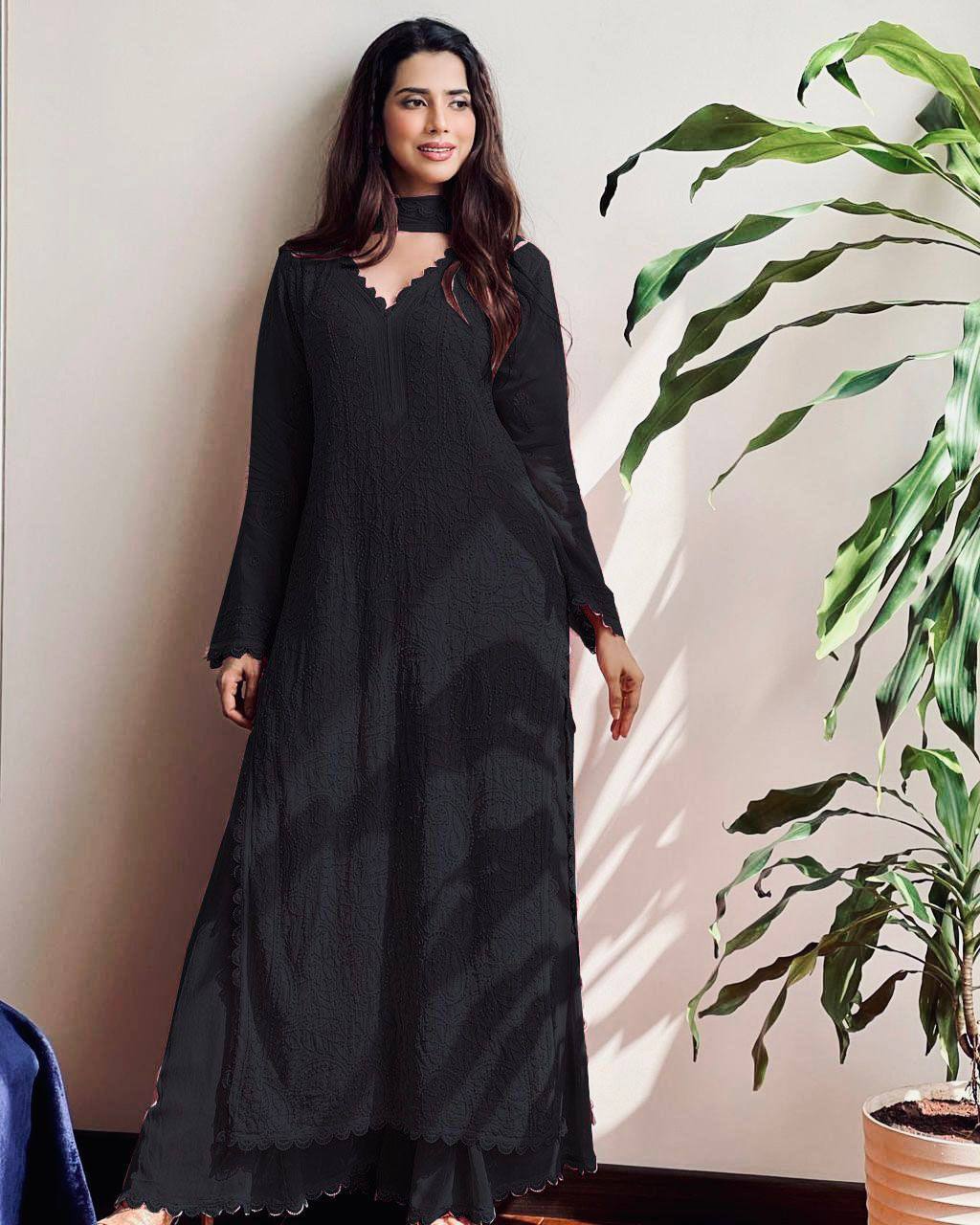 Black Chikankari Kurti With Lace Detail And Full Length Ethnic Wear