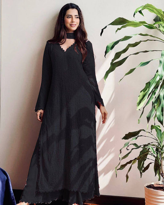 Black Chikankari Kurti With Lace Detail And Full Length Ethnic Wear