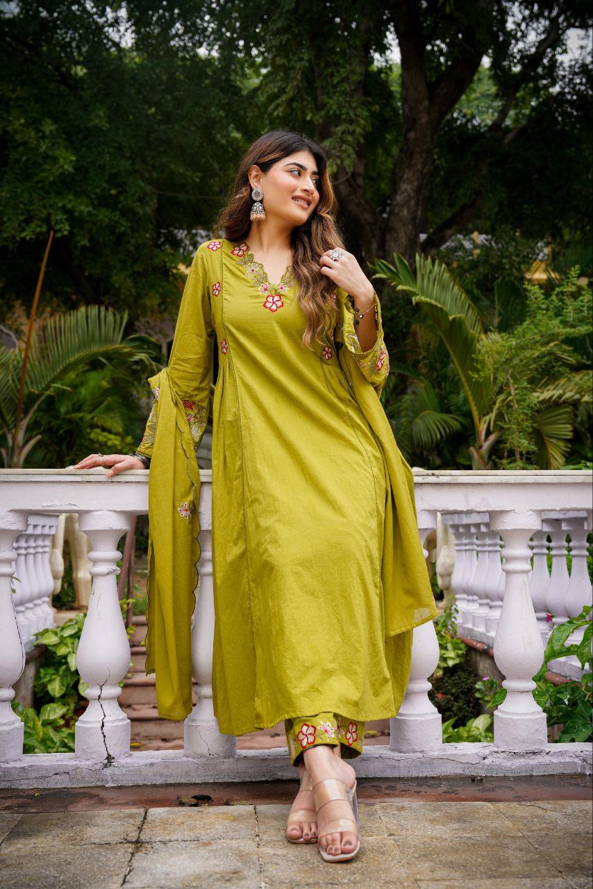 Olive Green Embroidery Anarkali Kurti Set With Dupatta And Pant