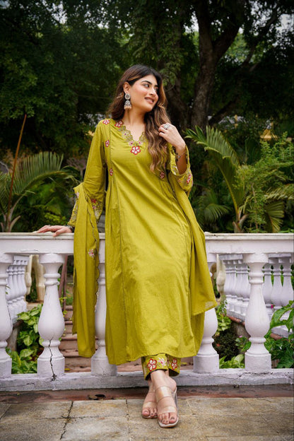 Olive Green Embroidery Anarkali Kurti Set With Dupatta And Pant