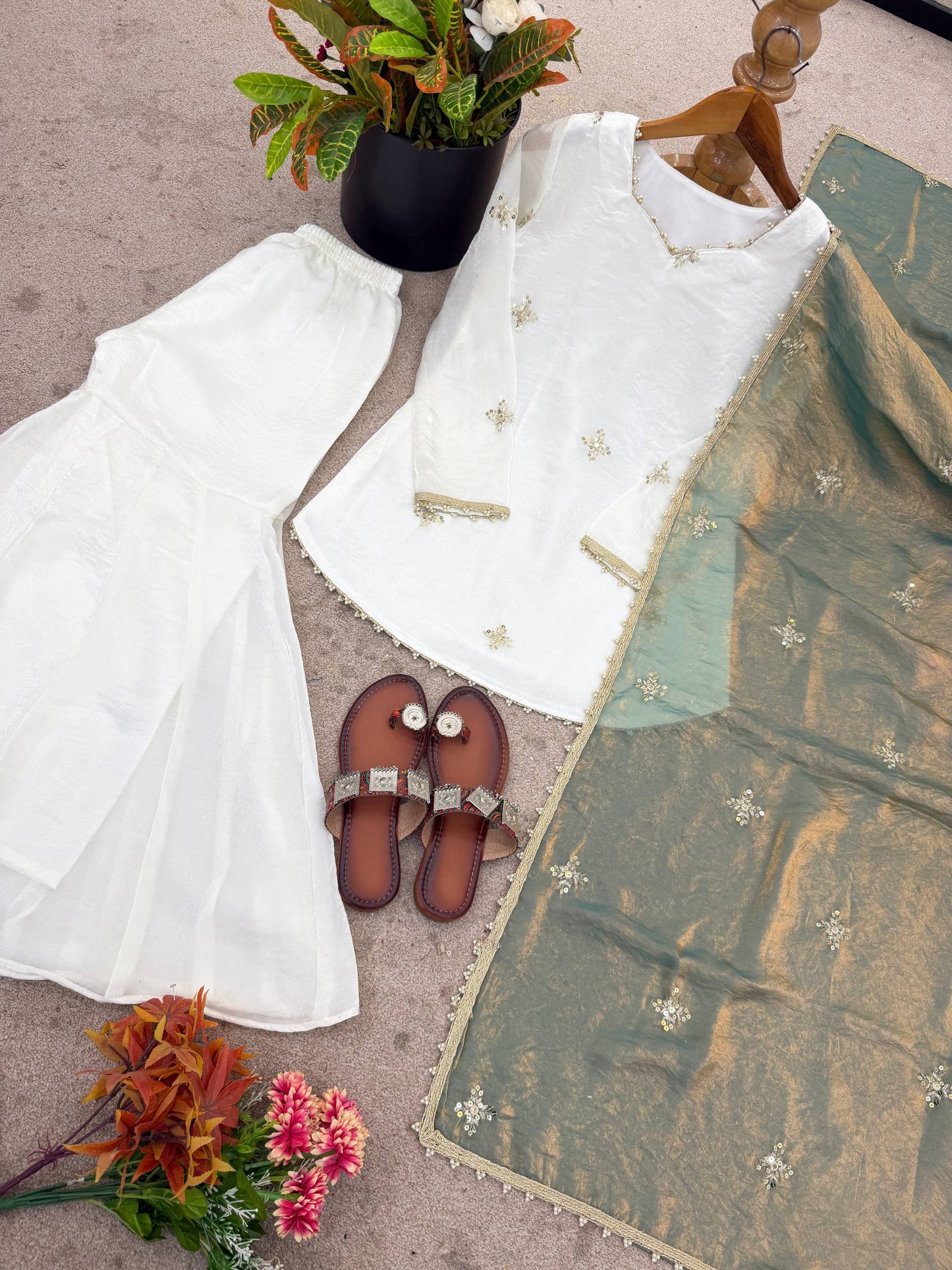 Embroidered Sharara Set with Contrast Sequin Olive Green Dupatta