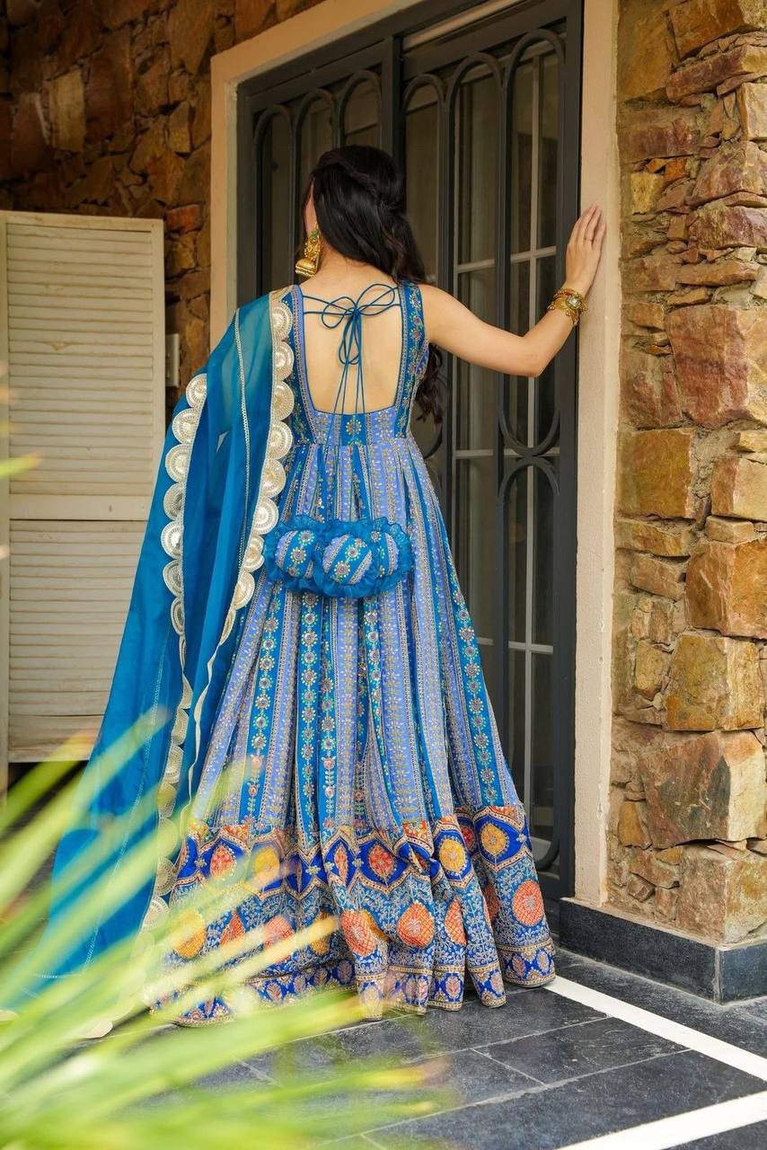 ROYAL BLUE DIGITAL PRINTED  ANARKALI WITH DESIGNER DUPATTA