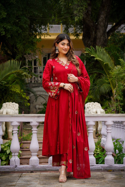 Red Silk Anarkali Suit With Floral Embroidery And Matching Dupatta – Ethnic 3‑Piece Set
