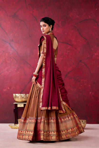 Antique Gold Narayan Pet With Maroon Dupatta And Zari Border