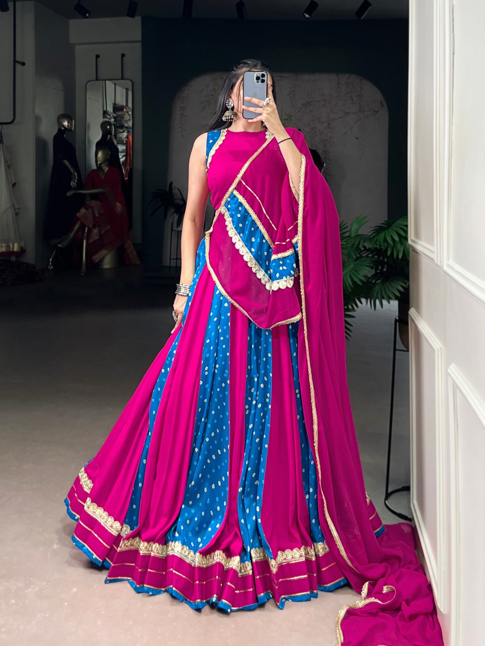 Magenta And Blue Bandhani Lehenga Choli With Mirror Lace Dupatta