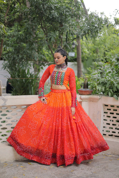 Bandhani Print Lehenga Set With Mirror Work Blouse And Full Sleeves