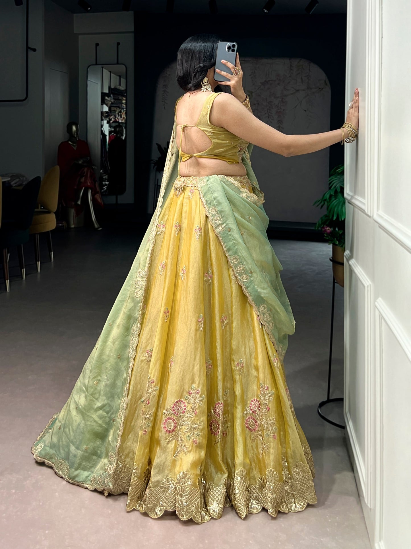 Mustard Yellow Silk Lehenga Choli With Green Embroidered Dupatta
