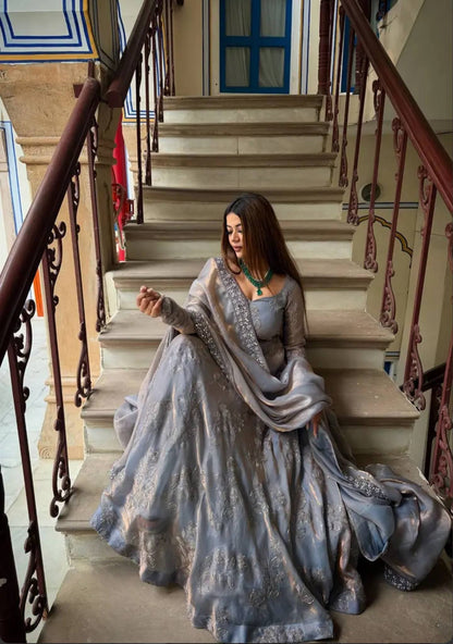 Elegant Grey Embroidery Anarkali Suit With Silver Sequined Dupatta