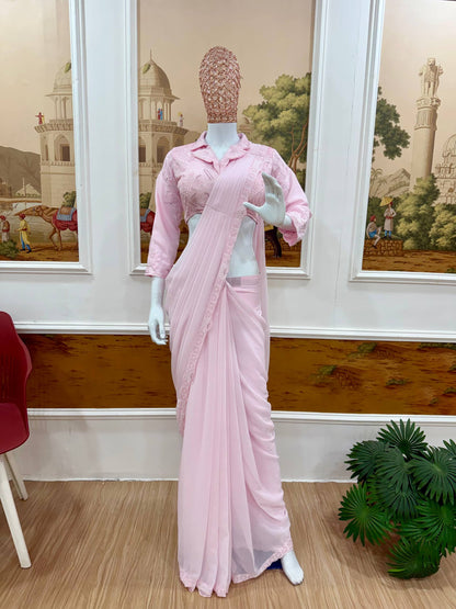 Baby Pink Ready-to-Wear Saree With Collared Embroidered Blouse