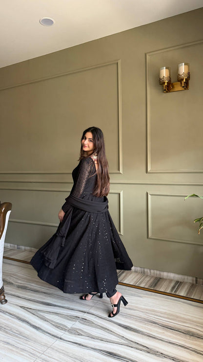 Elegant Black Anarkali Gown with Sparkling Details
