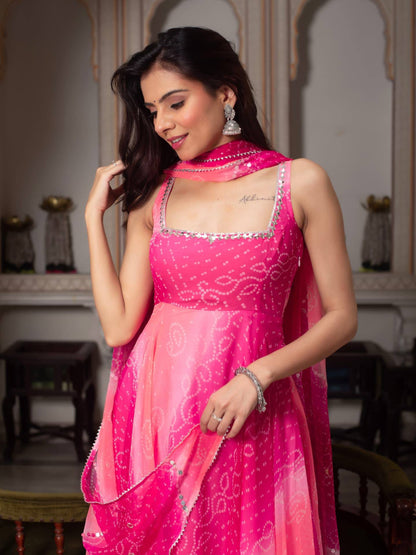 Pink Shaded Bandhani Print Anarkali Kurta Set With Real Mirror Work And Dupatta
