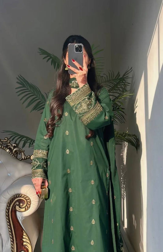 Green Embroidered Silk Kurti With Matching Sharara And Dupatta