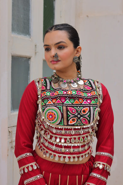 Designer Lehenga With Kutchi Gamthi Embroidered Blouse And Mirror Work