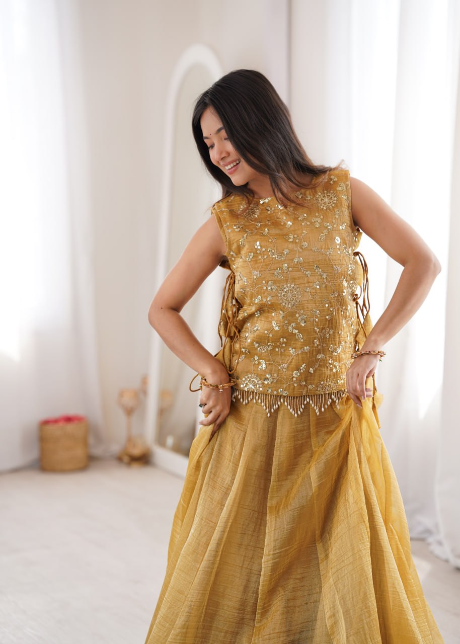 Zari Embroidered Sleeveless Top With Flared Lehenga Set