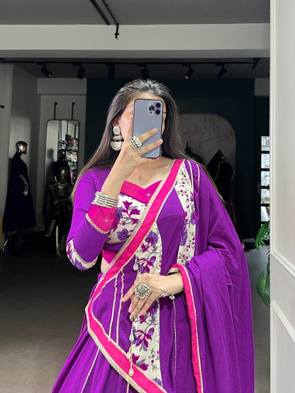7 Meter Flair Purple Pink Floral Border Lehenga Choli With Printed Patchwork